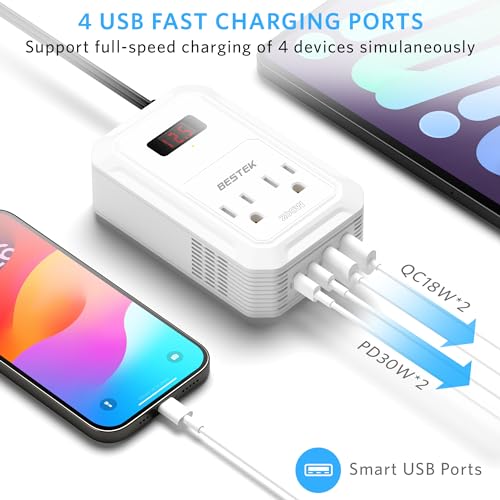 200W Car Power Inverter DC 12V to 110V AC Converter with 2 USB-C and 2 USB-QC LCD Screen Dual AC Adapter T98957