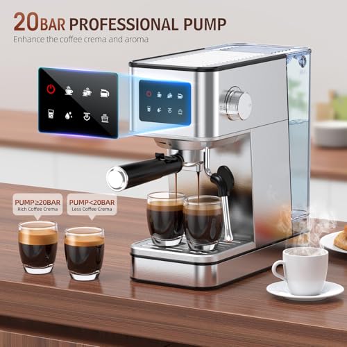 Silver Stainless Steel Espresso Machine with Milk Frother, 20 Bar, 57.5oz Water Tank K4755