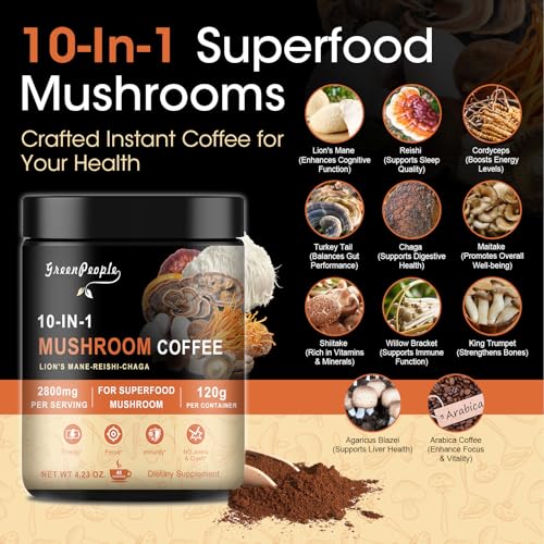 10 in 1 Mushroom Coffee with Lion’s Mane, Reishi, Turkey Tail, 4.23 Oz K228