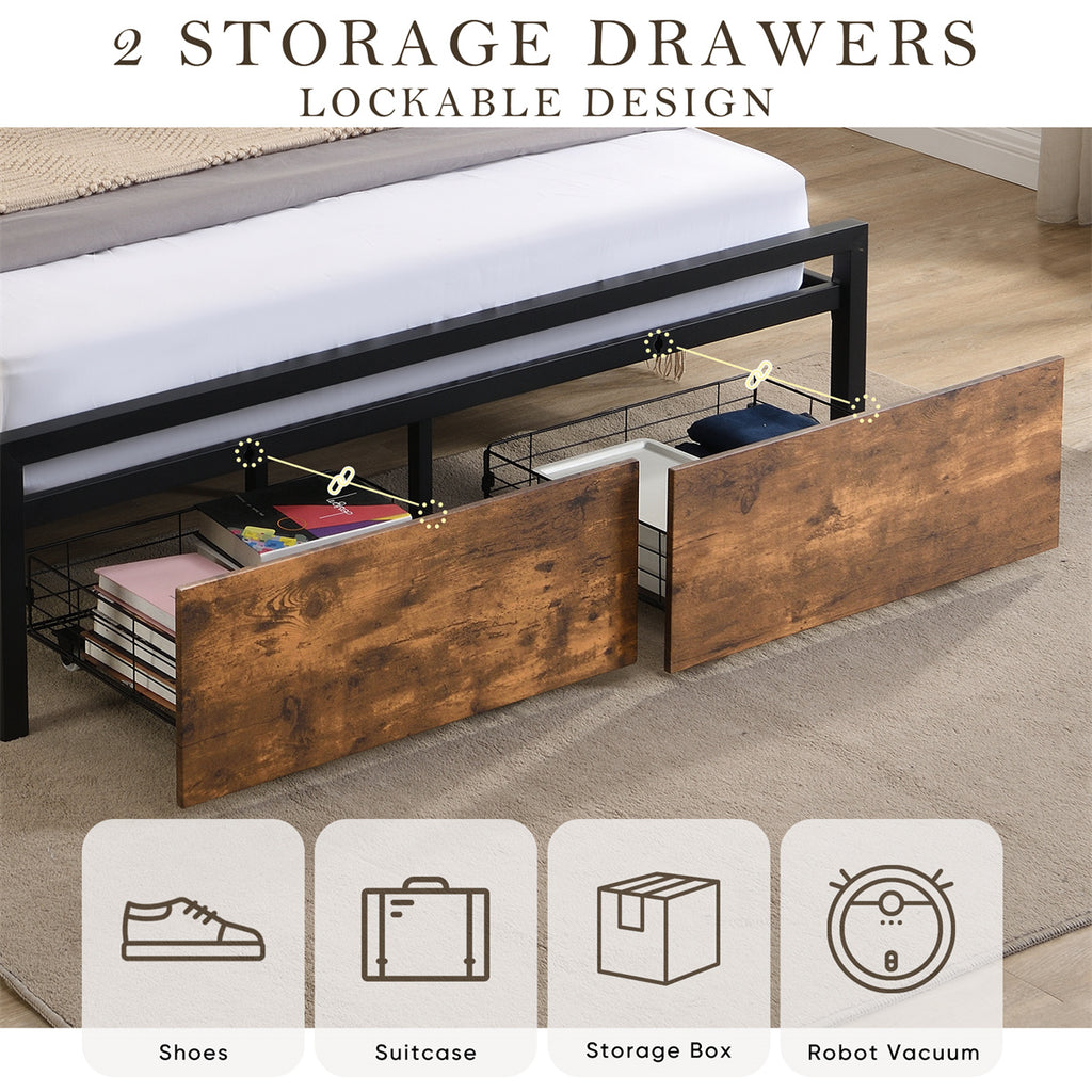 Queen Size Metal Bed Frame with Storage Headboard and 2 Drawers I5040