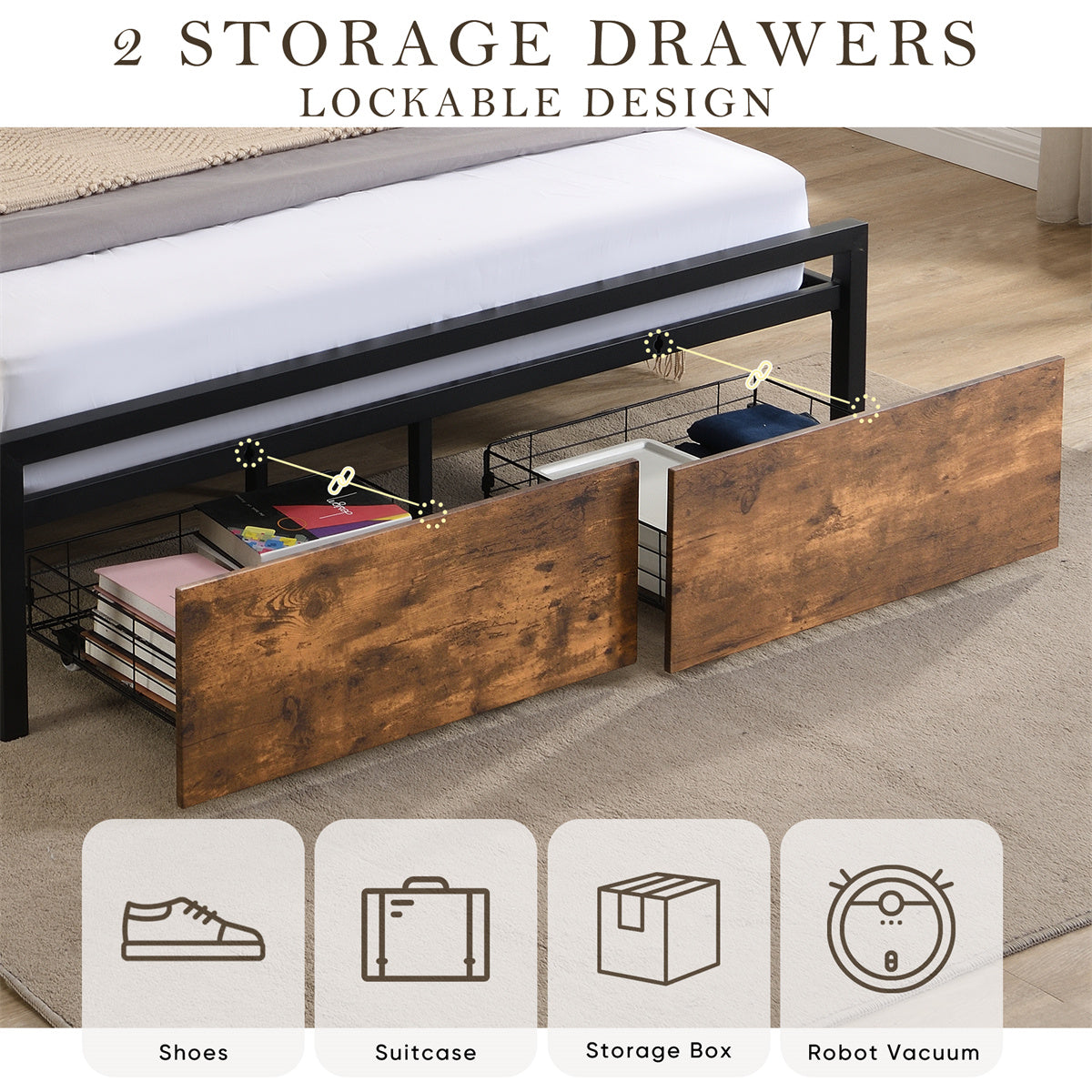 Queen Size Metal Bed Frame with Storage Headboard and 2 Drawers I5040