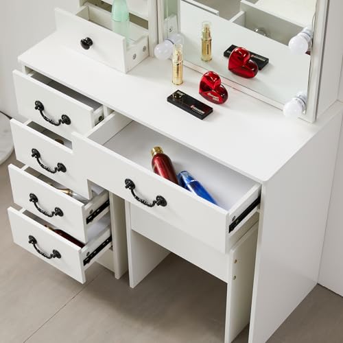 White Vanity Desk with Mirror and Light and Drawers Y229519